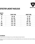 Size chart for REVIT Protector Jacket Nucleus