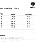 Size chart for REVIT Sand 5 H2O Ladies Pants
