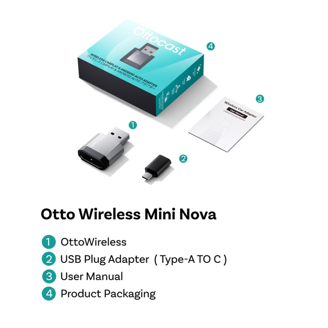 OTTOCAST CARPLAY &amp; ANDROID AUTO WIRELESS MINI USB ADAPTER 2-IN-1