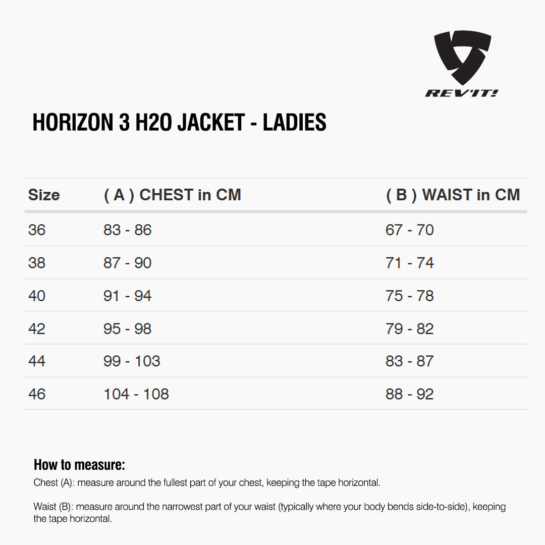 Size chart for REVIT Horizon 3 H2O Jacket - Ladies