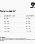 Size chart for REVIT Pacific 4 H2O Rainsuit