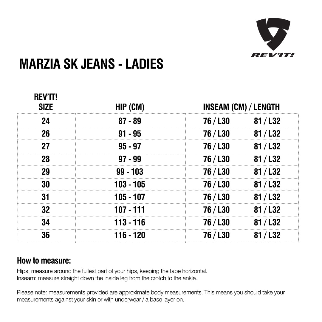 Size chart for REVIT Marzia SK Ladies Jeans