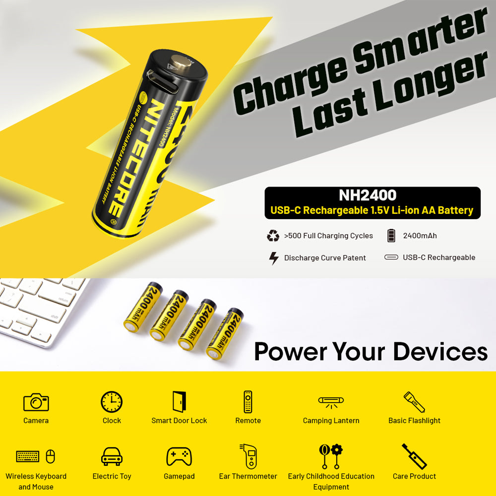 NITECORE LI-ION RECHARGEABLE USB-C AA BATTERY 2400MAH 1.5V 2PK