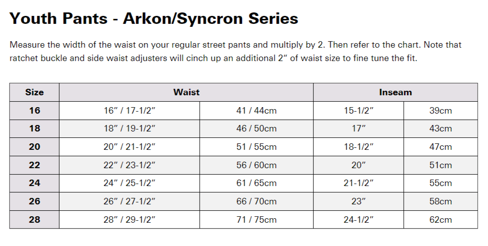 ANSWER Youth Pants Size Chart